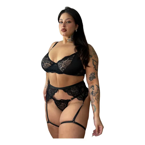 Conjunto Sexy Corpiño Less Portaligas Puntilla Talle Grande