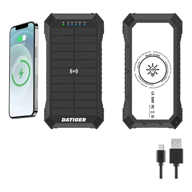 Power Bank Inalámbrica Solar Cargador 20000mah 15w Con Luz Negro