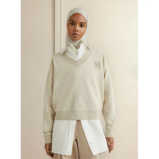Saco Con Cuello De V Y Monograma Mujer Beige Tommy Hilfiger