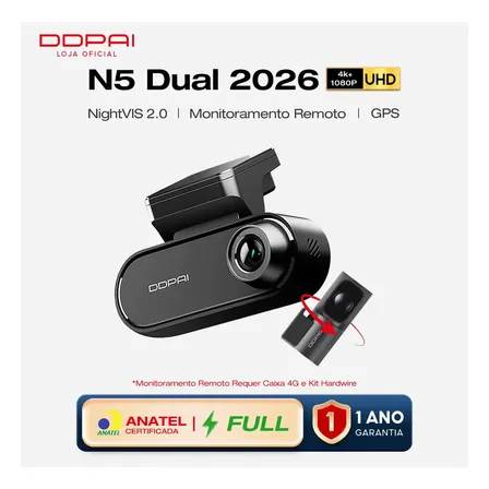 Câmera Veicular Com Suporte A Monitoramento Remoto Em Tempo Real Ddpai N5 Dual 2026 Frontal E Traseira 4k Hdr +1080p Integrada Com 32g Emmc Câmera De Carro Wifi 5g Gps G-sensor Visão Noturna
