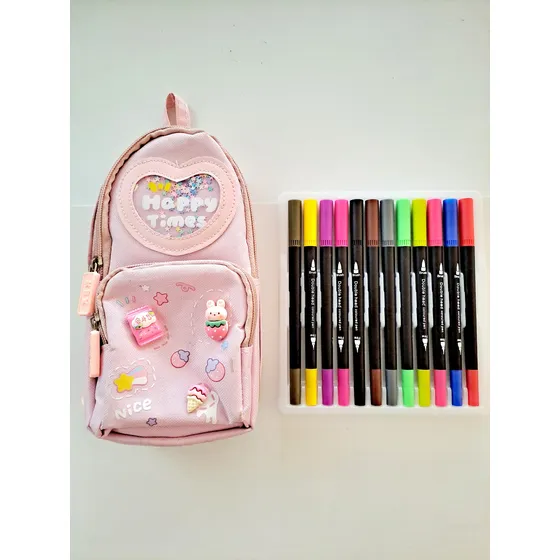 Cartuchera Canopla Kawaii + Set X 12 Marcadores Simil Posca