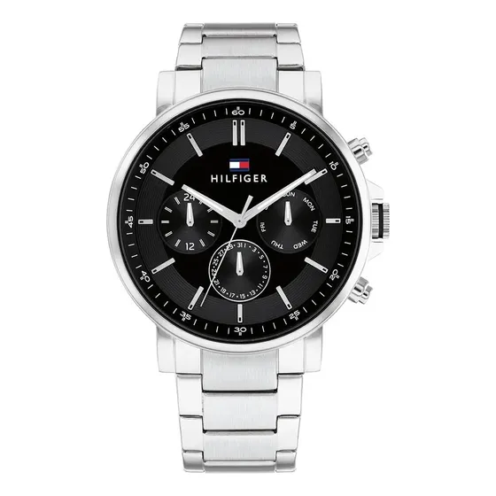 Reloj Tommy Hilfiger 1710667 Tyson Hombre Multifuncion 50m W Malla Plateado Bisel Plateado Fondo Negro