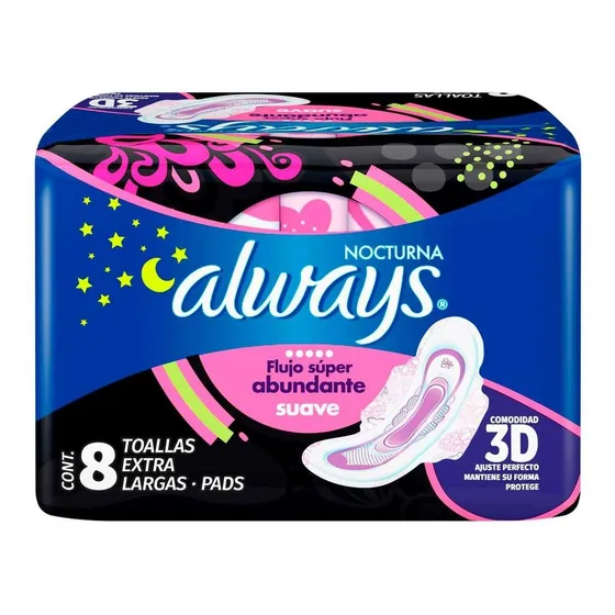 Toallas Femeninas Always Nocturnas Largas Suave con Alas 8 Toallas