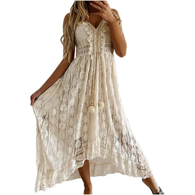 Vestido Bohemio Para Mujer Largo Playa Encaje Borla Cuello V