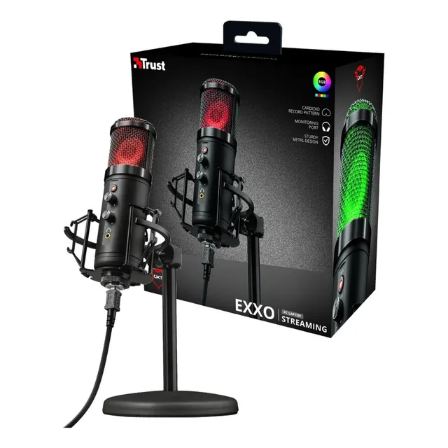 Micrófono Gamer Trust Gxt256 Exxo Cardioide Tripode Rgb Color Negro