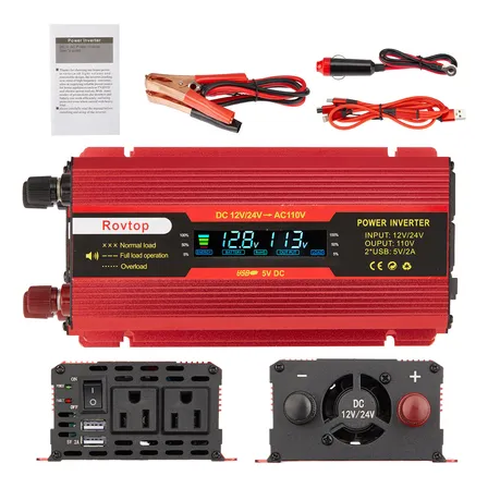 Rovtop Convertidor De Corriente Para Coche Con Pantalla Lcd Inteligente Con 2 Ac 2 Usb,inversor De 12v/24v 110v 4000w,abrazaderas Aisladas Seguras,protección,inversor De Corriente Con 3 En 1 Cable Usb