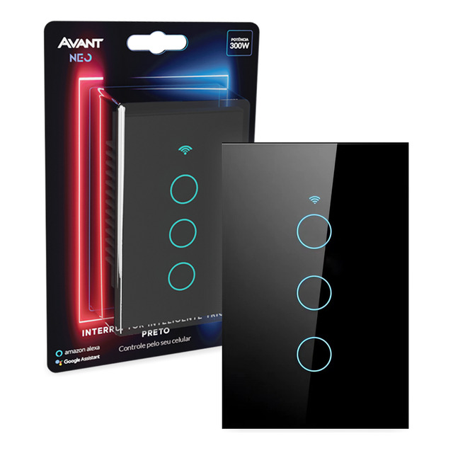 Interruptor Inteligente Touch Wifi 3 Botões Preto Avant Neo Interruptor Inteligente Touch Wifi 3 Botões Preto Avant Neo