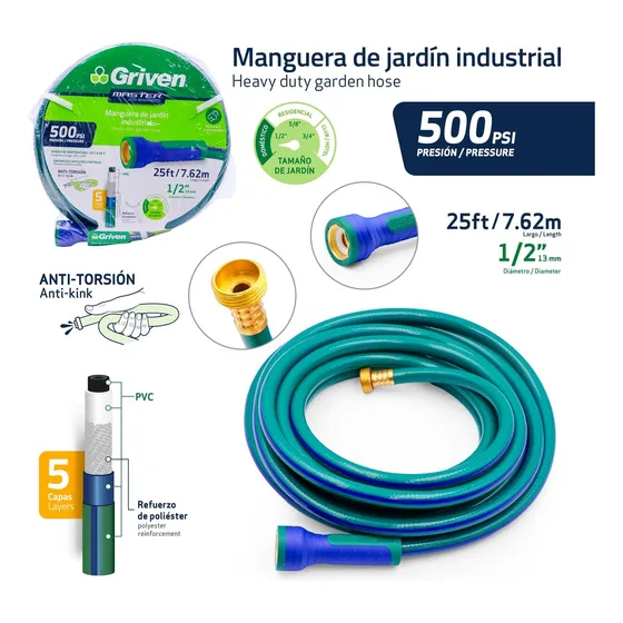 Rollo Manguera Jardín Culebra Reforzada 1/2  7.62mts Griven