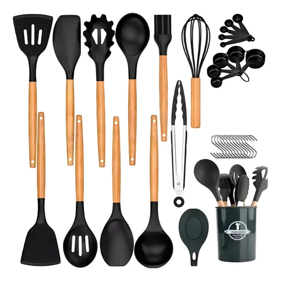 Set 34 Utensilios Cocina De Silicona Y Madera Antiadherentes
