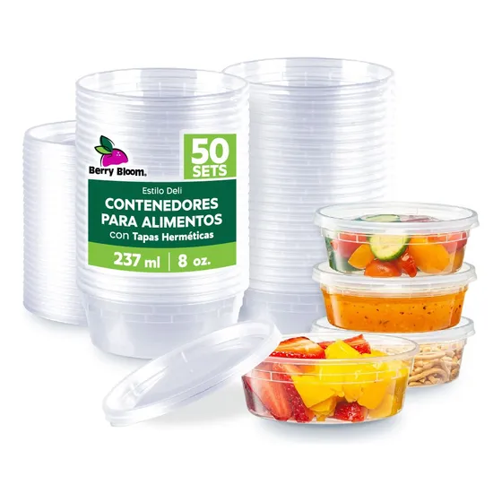 Berry Bloom 50 Envases para Alimentos Transparentes, Reutilizables Deli Tapas de Sellado Hermético, Ideales para Alimentos Fríos y Calientes, Apto para Microondas (8 oz 237 ml)