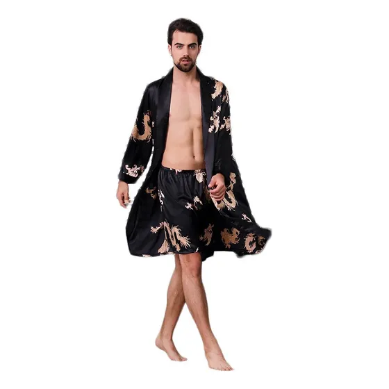 L Bata De Kimono Japonés Yukata Dragón De Seda Manga Larga