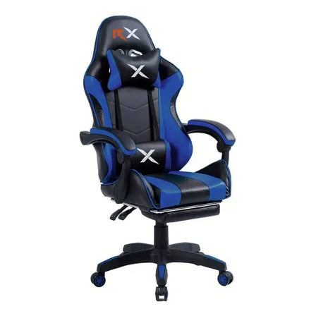 Silla Gamer Ergonómica Reclinable Con Reposapiés Videojuego Azul Cuero Sintético