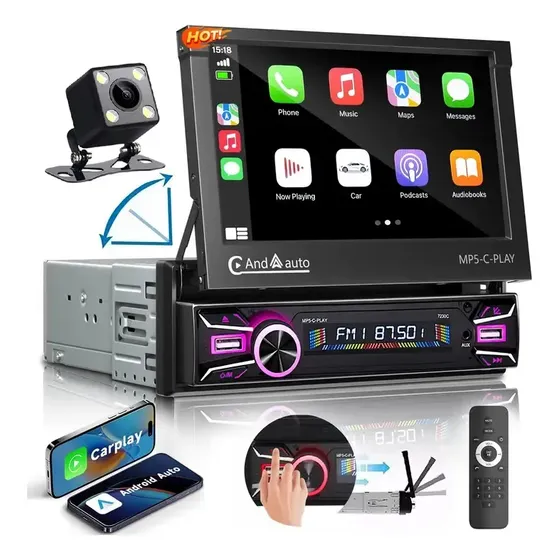 Central Multimídia Retrátil 7in Bt Mp5 1din Espelha Carplay Preto