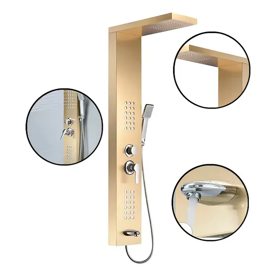 Solana Panel de Ducha De Acero Inoxidable Modelo Roma / Regadera De Lujo Color Gold Con Salida De Agua Modo Lluvia / Rociador De Hidromasaje Y Regadera De Mano