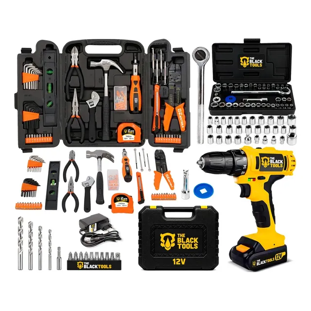 Maleta Furadeira Parafusadeira 169 Peças The Black Tools Jogo De Ferramentas 169 Peças Com Maleta E Furadeira Parafusadeira Sem Fio A Bateria Tb-12e 12v 3/8 10mm The Black Tools