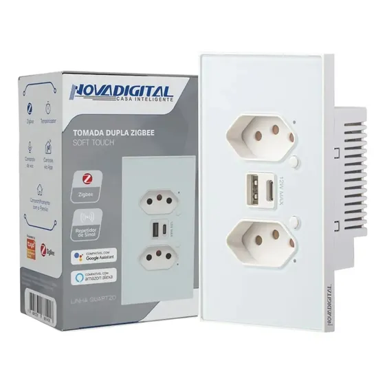 Tomada Inteligente Zigbee Novadigital Dupla Usb + USB-C 10A Linha Quartzo Compatível Tuya Smart Life Alexa Google Branca