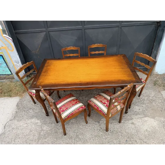 Comedor Normando Antiguo Original Mesa Con 6 Sillas Marrón Liso