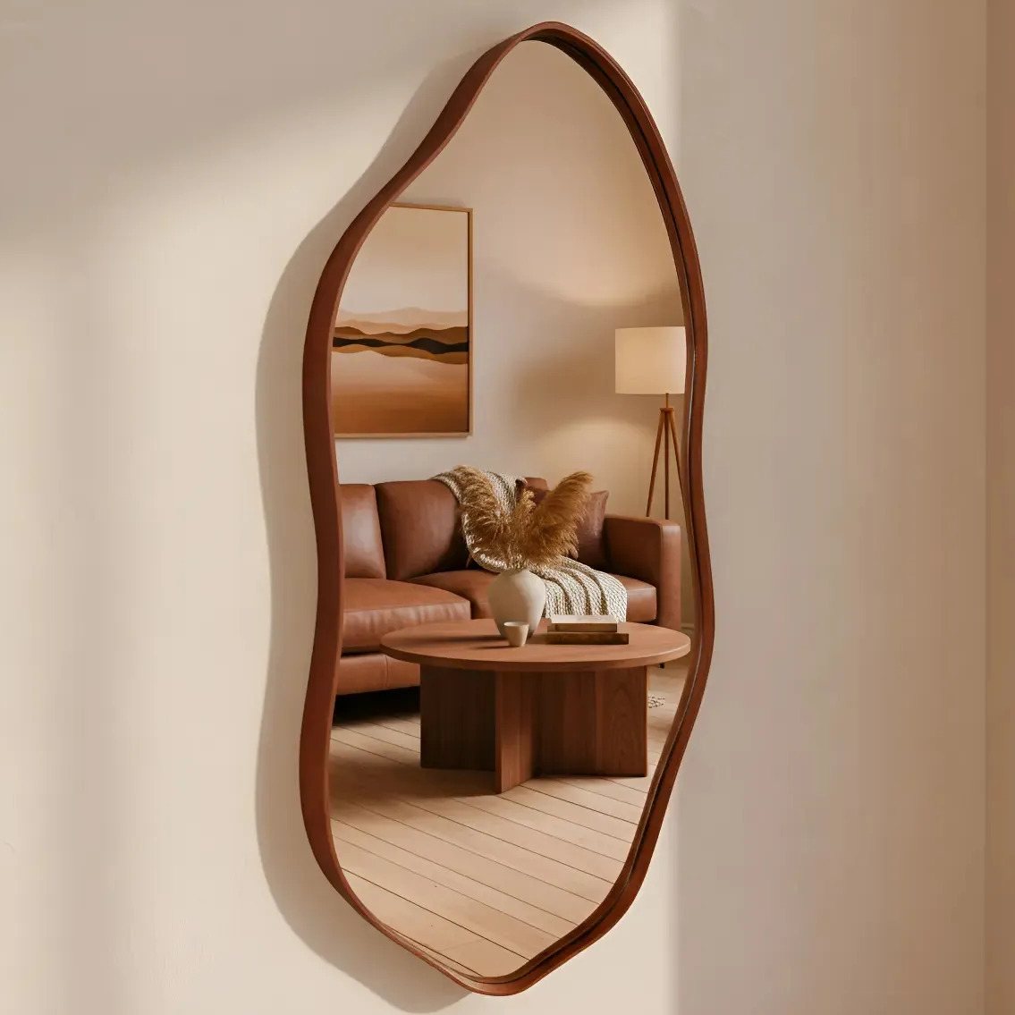 Espelho Decorativo Orgânico 60x40 Moldura Em Couro We Mirror Caramelo Espelho Decorativo Orgânico 60x40 Moldura Em Couro We Mirror Caramelo