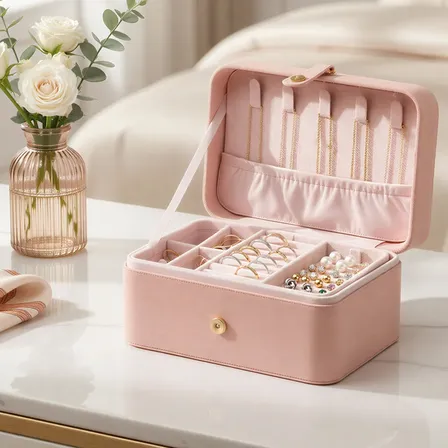 Caixa Organizadora De Joias Pequena, Portátil Com 2 Camadas Cor Rosa