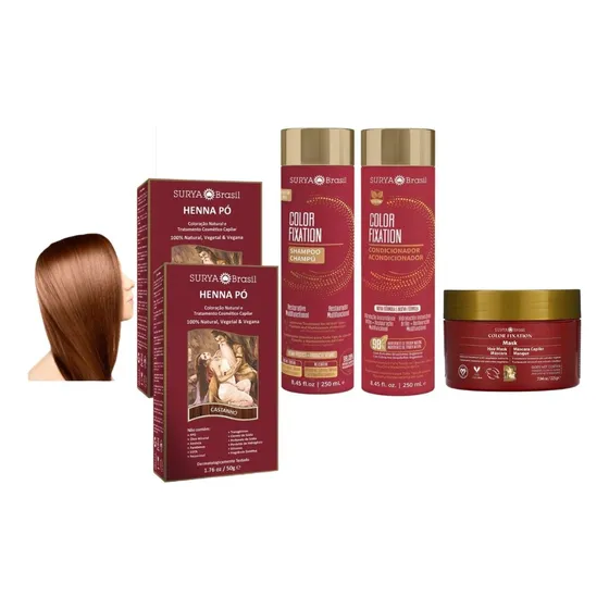 Henna Polvo Castaño X2+shampoo+acondicionador+máscara