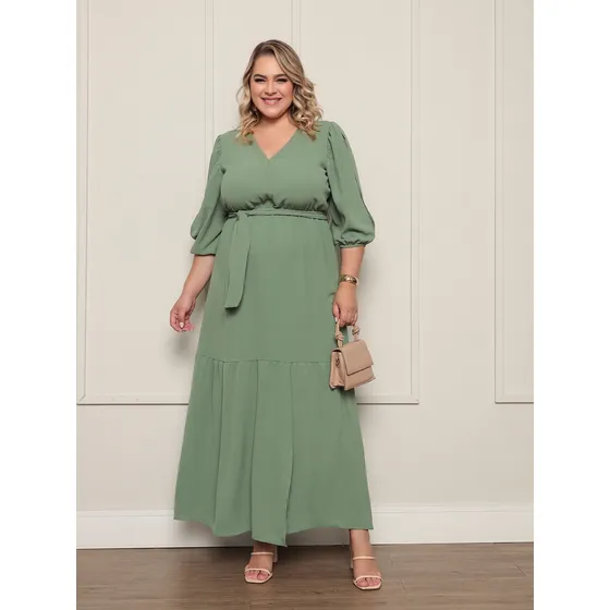 Vestido Longo Plus Size Duna Feminino Decote V Faixa Fenda