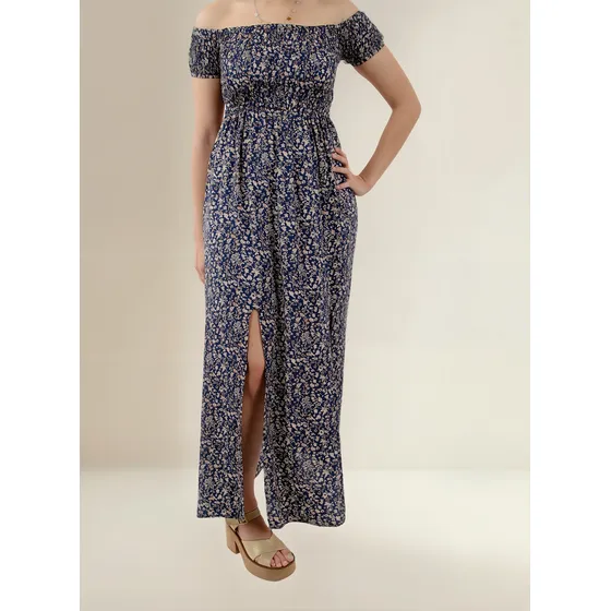 Vestido Floreado Hombro Descubierto Busto Cintura Elastizada