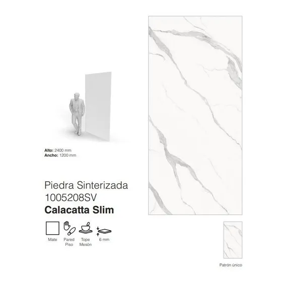 Piedra Sinterizada Mate Calacatta Slim 1200x2400x6mm