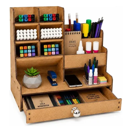 Organizador De Mesa Escritório Multiuso Canetas Gaveta Mdf