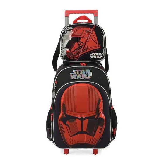 Mochila Escolar Rodinhas Star Wars Lancheira Estojo Cor Preto
