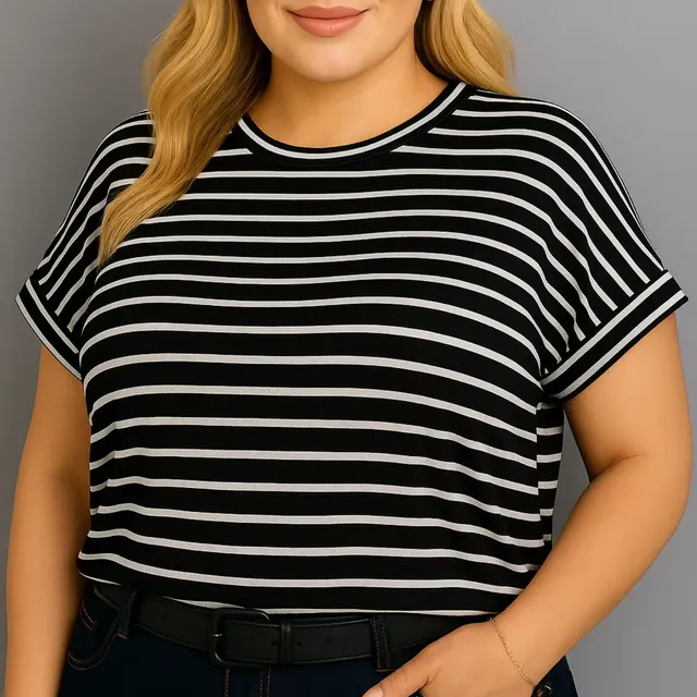 Blusa Plus Size Listrada Feminina Manga Curta Preto E Branco