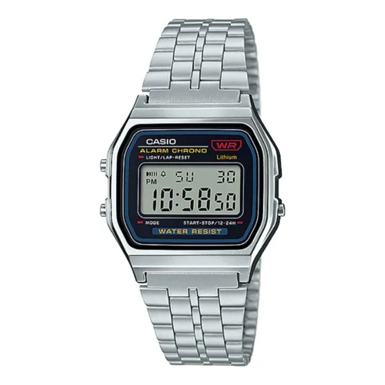 Relógio de pulso Casio Vintage A159 com corpo prateado, digital, para sem gênero, fundo preto, com correia de aço inoxidável cor prateado, subdials de cor preto, ponteiro de minutos/segundos preto, bi