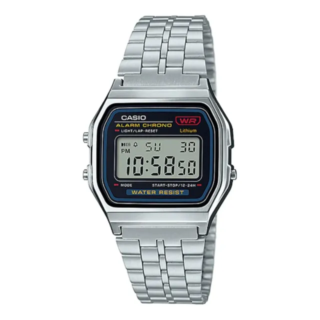 Reloj pulsera Casio Vintage A159W-N1DF de cuerpo color plateado, digital, fondo negro, con correa de acero inoxidable color plateado, dial negro, minutero/segundero negro, bisel color plateado y hebil