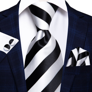 Set Corbata Pañuelo Mancuernillas Seda Rayas Negro Y Blanco Set Corbata Pañuelo Mancuernillas Seda Rayas Negro Y Blanco