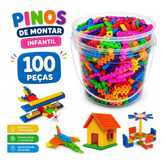 Blocos De Montar 100 Peças Pinos de encaixe Peças encaixe Brinquedo Educativo