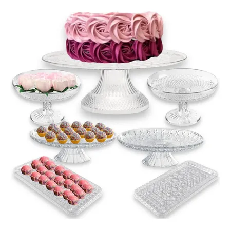 Kit Lapidado- 1 Boleira 30cm+ 4 Médio + 2 Bandejas Luxo Cor Transparente
