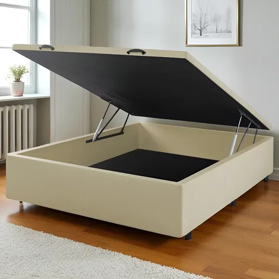 Cama Box Baul 2 Plazas Madera Gran Tamaño Tela De Lino Beige | Cuotas sin interés