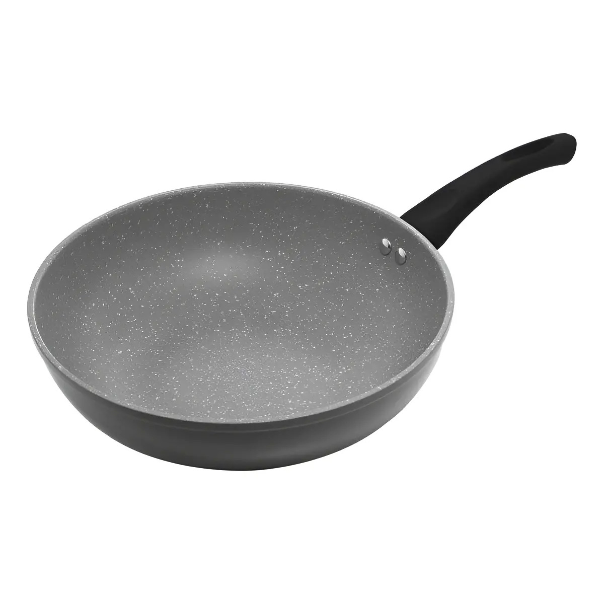 Frigideira Wok Lyor de 28cm com revestimento antiaderente cinza estilo granilite e cabo preto, vista em ângulo superior