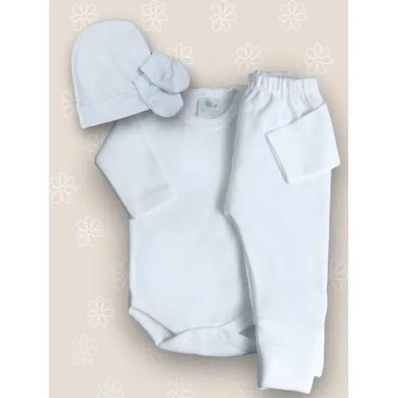 Kit 4 peças: body, mijão, touca e luva em algodão