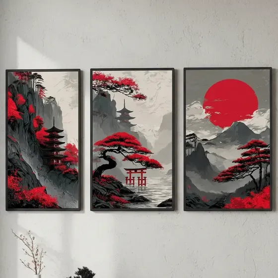 Kit 3 Quadros Decorativos Paisagem Japonesa Arte Oriental