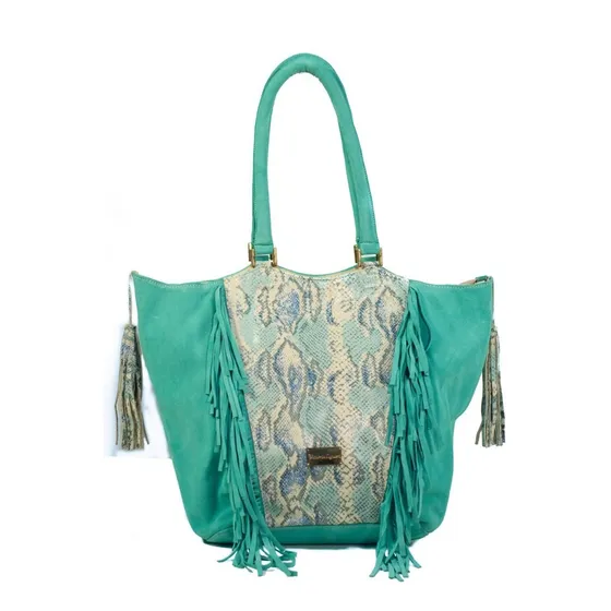 Cartera De Cuero Verde Agua Con Flecos