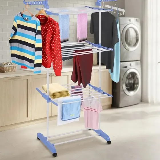 Varal De Chão Grande De Roupas 3 Andares Dobrável Cor Azul Kontuz 170 cm
