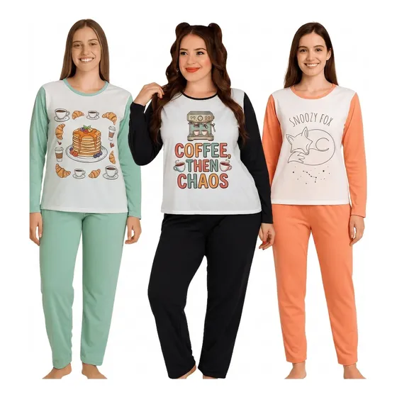 Kit 3 Pijamas De Frio Feminino Longo Estampado Personagens