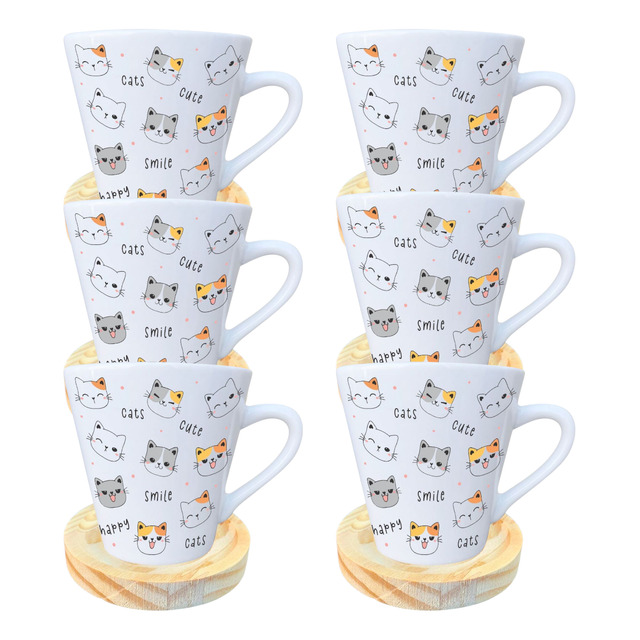 6 Xícaras Porcelana Pires Madeira Café Expresso 120ml Cats 6 Xícaras Porcelana Pires Madeira Café Expresso 120ml Cats