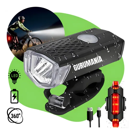 Kit Lanterna e Farol Bike Luz C/ Led 3 Modos Iluminação Recarregável Ultra Forte A Prova D`água Luz Bicicleta Led para Bicicleta Farois Piscas Lanternas Farol Bike Led Gurumania