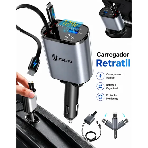 Carregador Veicular Automotivo Retrátil Turbo 4 Em 1 Usb Tipo-c 120w Para Carros Caminhão Plug Acendedor Carga Rápida Com Display 12v
