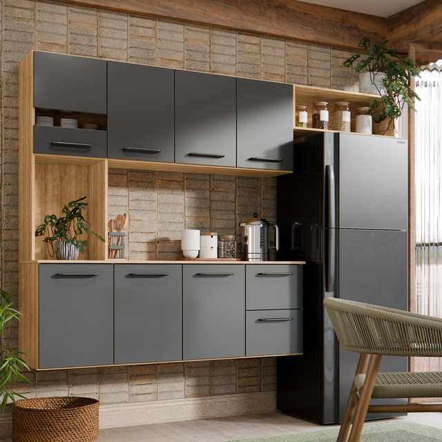 Armário De Parede Juliana Completo Para Cozinha Compacto Com 7 Portas E 2 Gavetas Cor Carv... Armário De Parede Juliana Completo Para Cozinha Compacto Com 7 Portas E 2 Gavetas Cor Carv...