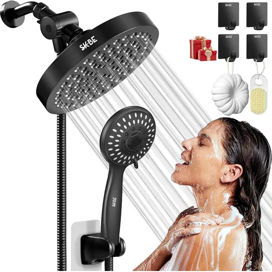 Skbe® Regadera de ducha Baño Circular Alta Presion Tipo Lluvia Ajustable Color Negro Mate