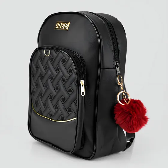 Mochila Feminina De Couro Social Pequena Blogueira Trabalho Cor Preto Desenho Do Tecido Coração