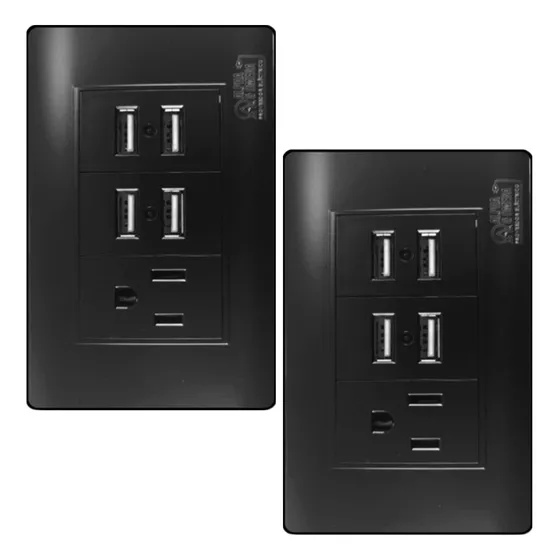 Tomacorriente Con 4 Puertos Usb Acabado Negro 2 Piezas