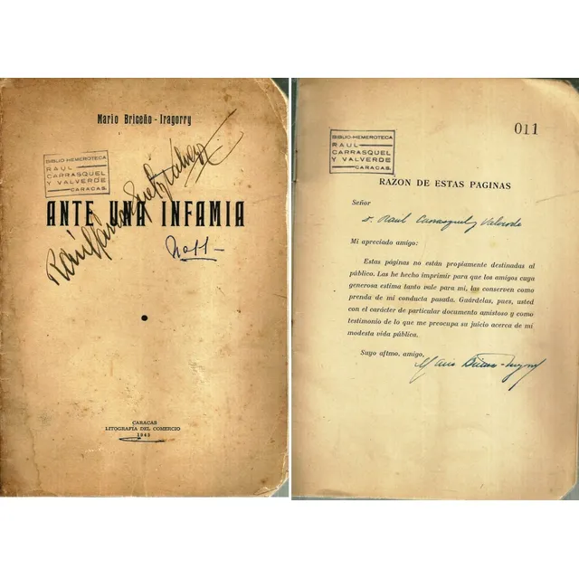 Mario Briceño Iragorry Ante Una Infamia Firmado Caracas 1945